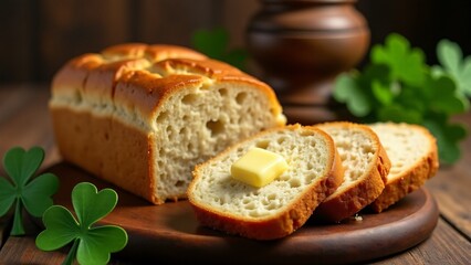 Freshly baked Irish soda bread with butter, resting on a rustic wooden table, evoking warmth, comfort, and Irish tradition for St. Patrick&rsquo;s Day.