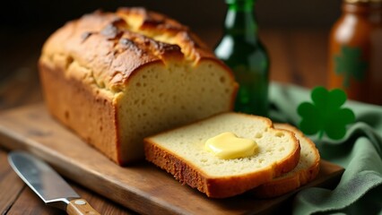 Freshly baked Irish soda bread with butter, resting on a rustic wooden table, evoking warmth, comfort, and Irish tradition for St. Patrick&rsquo;s Day.