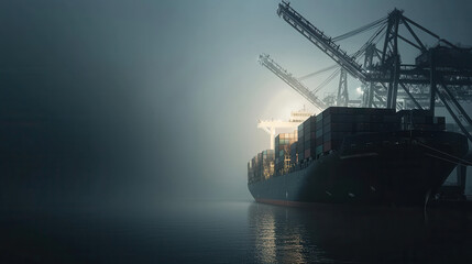 Fototapeta premium cargo ship docked at port with cranes unloading containers in fog. scene evokes sense of mystery and industrial activity