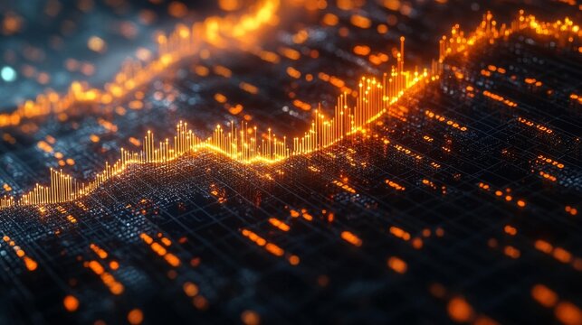 Futuristic digital landscape with glowing data bars rising over a grid with dynamic orange lights and technology visualization. Generative AI