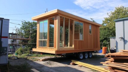 A partially constructed wooden tiny house on a trailer, showcasing large windows and modern design.