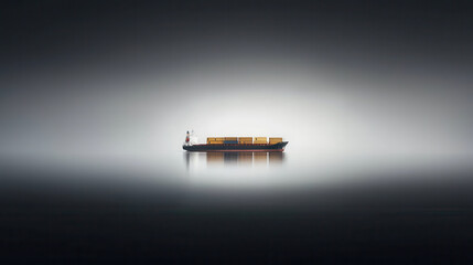 cargo ship sailing through calm waters under serene atmosphere