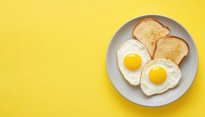 A vibrant plate of sunny-side up eggs with toasted bread, set against a bright yellow background, perfect for breakfast inspiration.