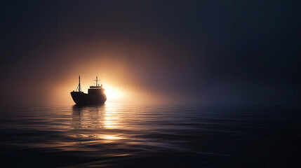 Obraz premium cargo ship sailing through calm waters at sunset, surrounded by mist