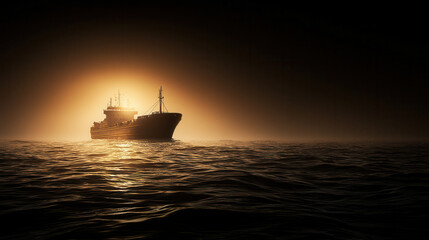 Fototapeta premium cargo ship sailing through dark waters, illuminated by glowing light. scene evokes sense of mystery and adventure
