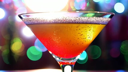 Vibrant Colorful Cocktail in a Stylish Glass with a Glittering Rim Against a Bright Bokeh Background for Celebrations and Events