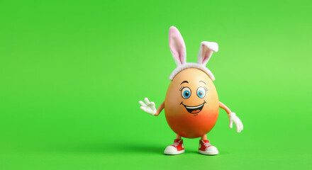 Egg with bunny ears and shoes on bright green background.