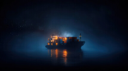 cargo ship with glowing containers sails through misty night, creating captivating scene