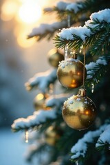 Snowy fir branches adorned with golden ornaments and sparkling icicles in sunlight, sunlight, branches