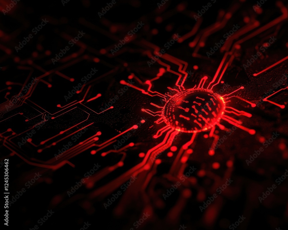 Poster abstract representation of a circuit board with red glowing elements, symbolizing advancements in te