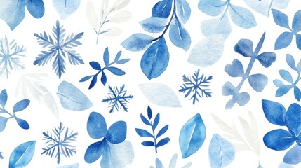Blue and white winter botanical pattern with snowflakes and leaves
