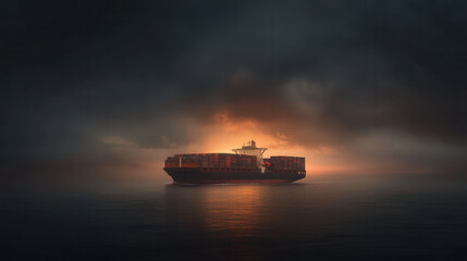 Obraz premium cargo ship with stacked containers sails under dramatic sunset, creating serene yet powerful atmosphere