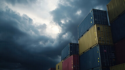 Fototapeta premium cargo ship with stacked containers under dramatic sky, showcasing industrial strength and resilience