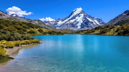 stunning turquoise glacial lake surrounded by majestic mountains and greenery