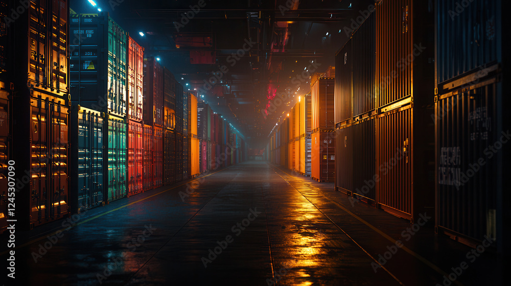 Poster vibrant corridor of stacked shipping containers illuminated by colorful lights, creating striking in
