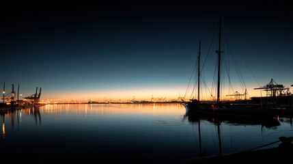 serene port scene at sunrise featuring cargo ship and cranes, reflecting on calm waters