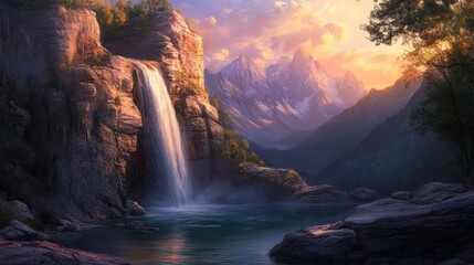 Fototapeta premium Majestic waterfall cascading into serene mountain lake at sunset; idyllic landscape for travel posters