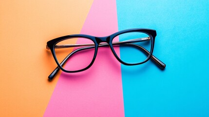 Modern stylish black eyeglasses lying on a colorful background