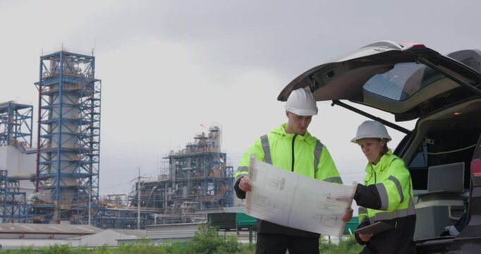 Engineer worker using tablet and blueprint checking petrochemical factory or refinery oil plant industrial. Survey and inspecting for safety and quality of the production concept, 4k video.