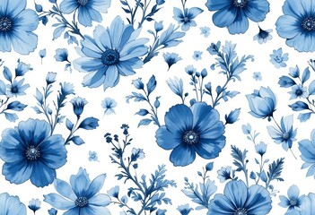 A seamless watercolor pattern with blue flowers on a rustic background