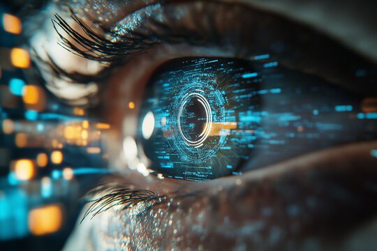 A extreme macro close-up of an eye with digital data flowing in and out, digital depicts a futuristic contact embedded with advanced technology. electronic line and wireframe.