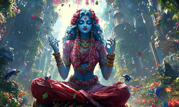 Serene goddess meditates, floral paradise, ancient ruins, spiritual peace; ideal for fantasy, spirituality