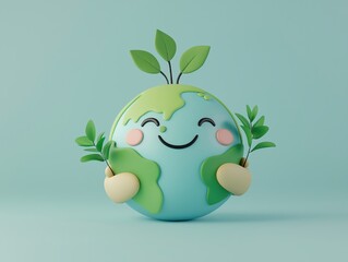 3D rendering of a smiling Earth globe embracing plants, symbolizing environmental protection and sustainability