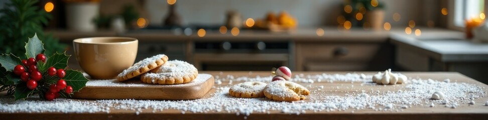 Snowy kitchen table decorated with festive holly and red berries, cookies, snowy, baking