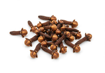 Fragrant Whole Cloves Arranged in Rustic Wooden Dish, Isolated on White