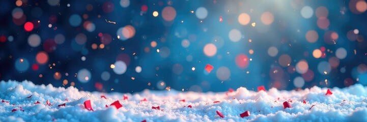 Snowy landscape with colorful confetti falling gently from the sky, festive lights, winter wonderland, holiday atmosphere