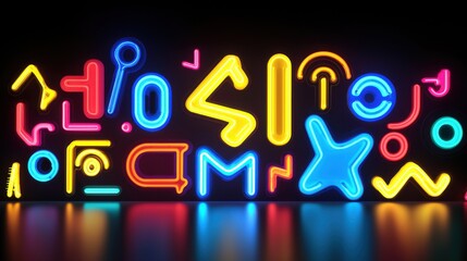 Colorful Neon Abstract Shapes on Black Background for Techno Theme