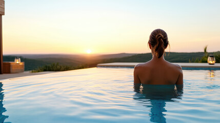 woman standing gracefully in pool at sunset, enjoying serene view