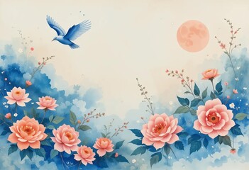 A painting of a Japanese garden with vibrant colors and a blue sky in the background