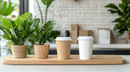 Eco friendly coffee cups on wooden tray with decorative plants