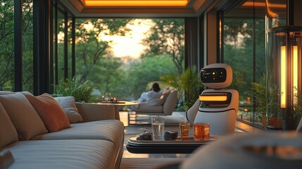 AI-powered robot assistant helping a family in a modern smart home, carrying a tray with drinks