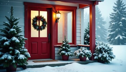 Snowy porch with frosted glass door and festive greenery wreath, snowflake, evergreen, porch