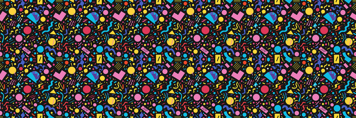 Naklejka premium Seamless pattern with geometric shapes in the style. Multicolored vintage background with triangles, circles and squares for textile, fabric and Sudanese fabric art.