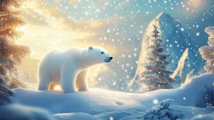 Christmas polar bear in the winter landscape. Polar bear santa. Magical christmas scenery