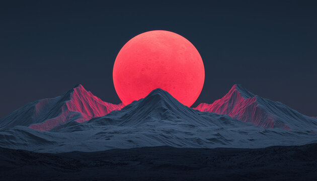 Mars colonization using glowing red planet models, A stunning landscape featuring majestic mountains under a vibrant red sun at dusk, creating a breathtaking view.