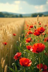 Vines of red poppy flowers intertwined with golden barley, flower fields, countryside