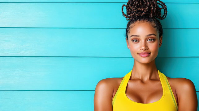 Confident woman in yellow workout outfit against blue background
