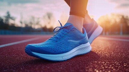 Close-up of a person wearing blue athletic running shoes on a red track at sunset. Focus on the shoe detailing and texture- with a blurred background