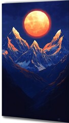 Orange Moon Rising Over Snowy Mountains