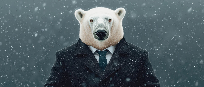 The Arctic with abstract polar bear constellations, A surreal image of a polar bear wearing a business suit, blending nature with corporate themes amidst a snowy backdrop.