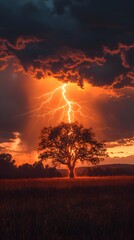 magical tree glowing as it gets hit by a bolt of lightning