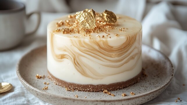 A marble-patterned mirror glaze mousse cake in a blend of creamy beige and rich coffee tones, topped with edible gold flakes, placed on a ceramic plate with a rustic linen backdrop. Intricate details,