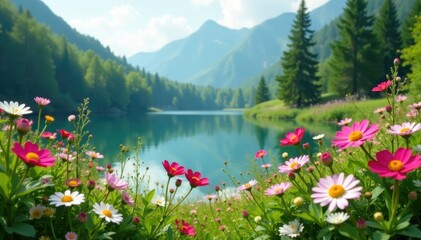 Blooming wildflowers in the lush lake landscape, wildflowers, water, serene