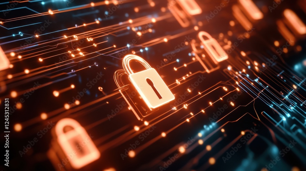 Poster digital locks float amidst bright lines of data, representing cybersecurity and online protection in