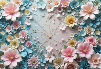 A 3D wallpaper with a colorful floral design