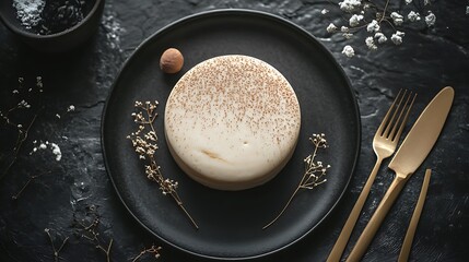 A mirror glaze mousse cake with a textured marble effect in warm earthy tones—ochre, clay, and taupe—set on a matte black plate, surrounded by subtle golden cutlery under soft natural light.